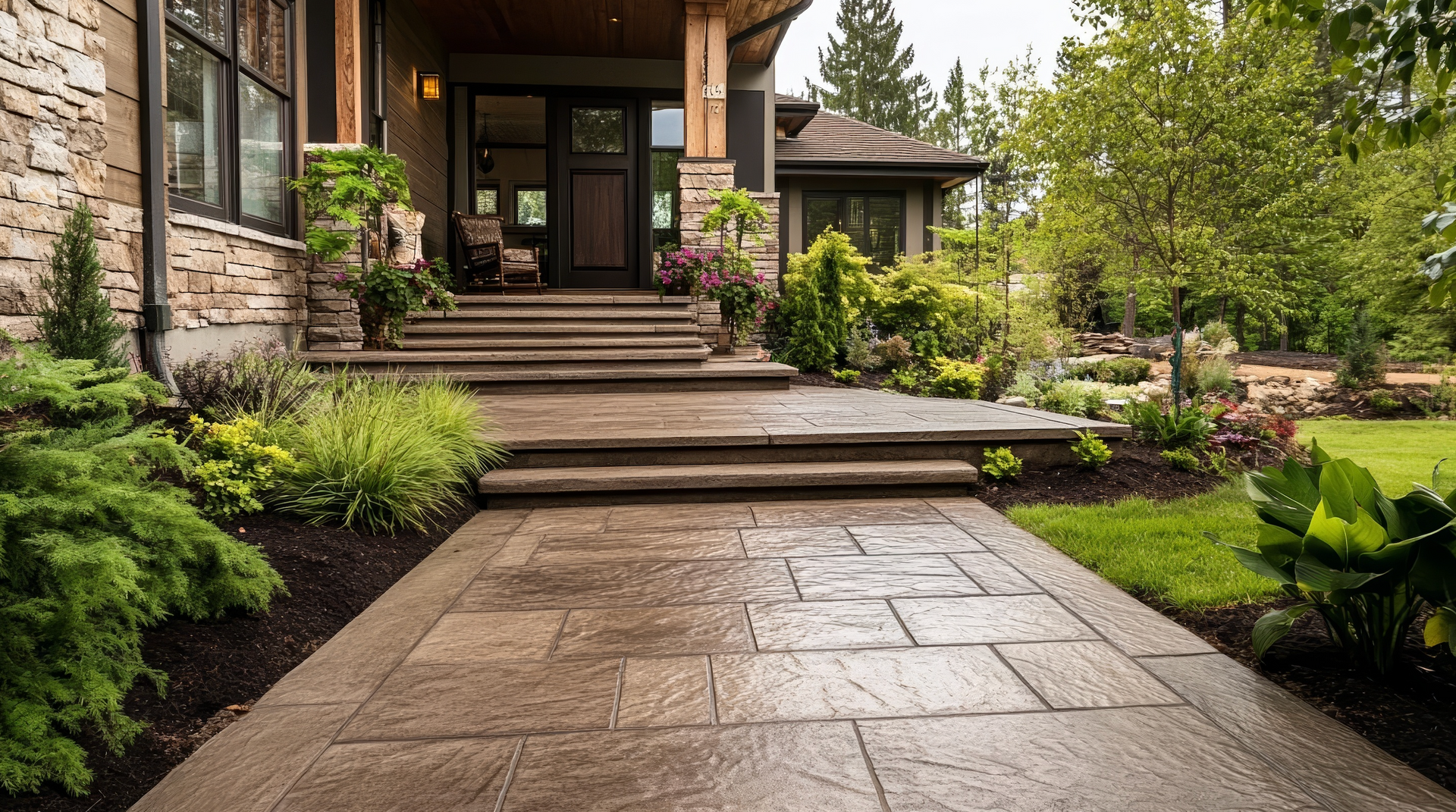 A stone walkway leading to the front door of a house.