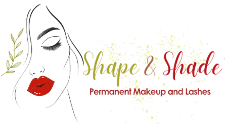 The logo for shape & shade permanent makeup and lashes shows a woman 's face with red lips.