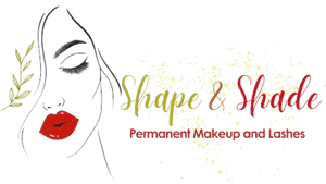 The logo for shape & shade permanent makeup and lashes shows a woman 's face with red lips.