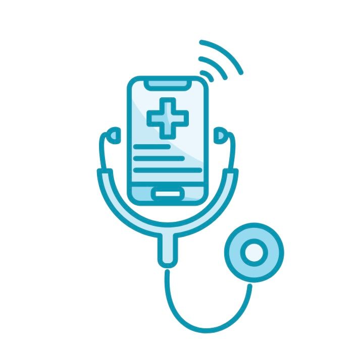 Blue phone with medical cross symbol and data, inside a stethoscope.