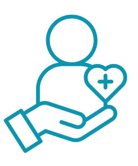 A hand holding a person with a heart; the heart has a plus sign.