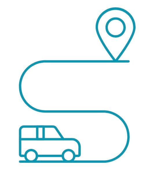 Car traveling route to a location marker, outlined in teal.