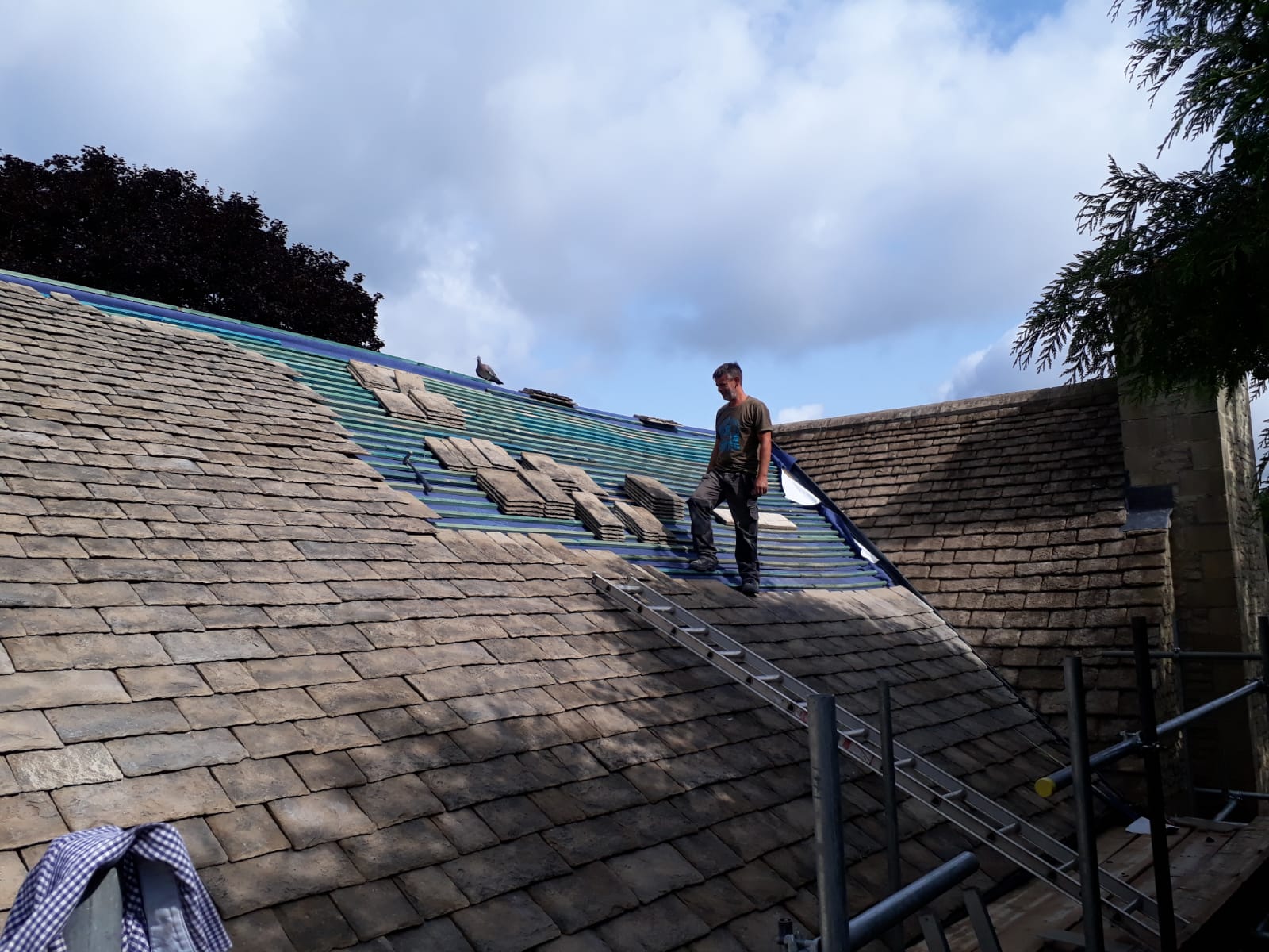 A man is standing on top of a roof with a ladder.