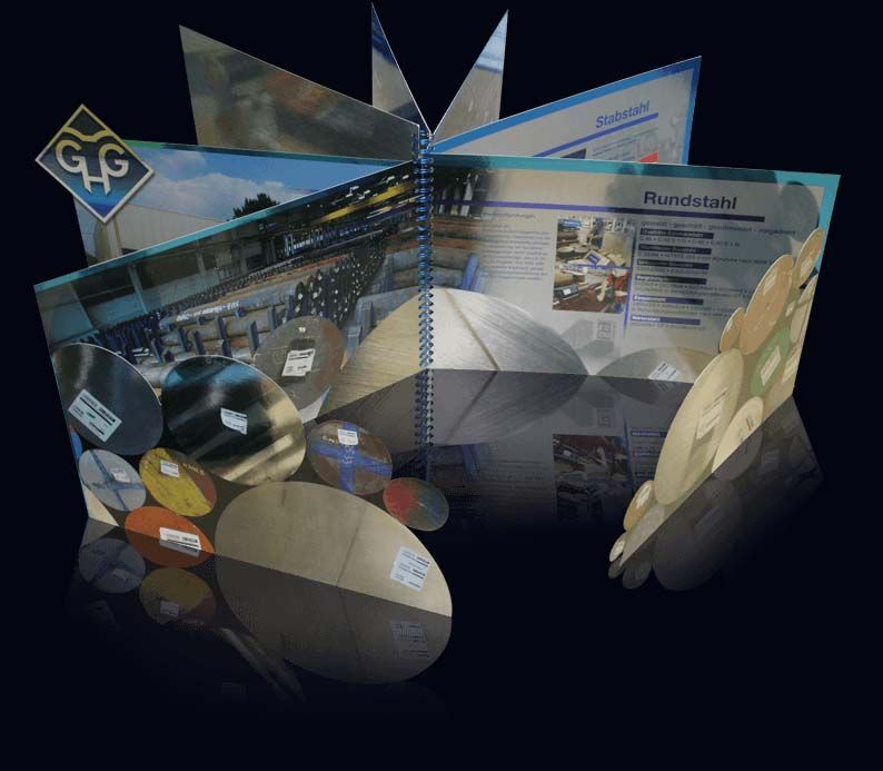 Aufwendiger Prospekt, gefächert und aufgestellt mit künstlich erzeugter Spiegelung