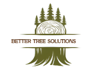 Logo for "Better Tree Solutions": trees, wood grain, tree trunk in shades of green and brown.