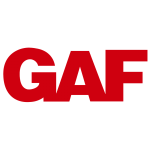 A red and white logo for gaf on a white background