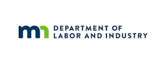 The logo for the department of labor and industry is blue and green.