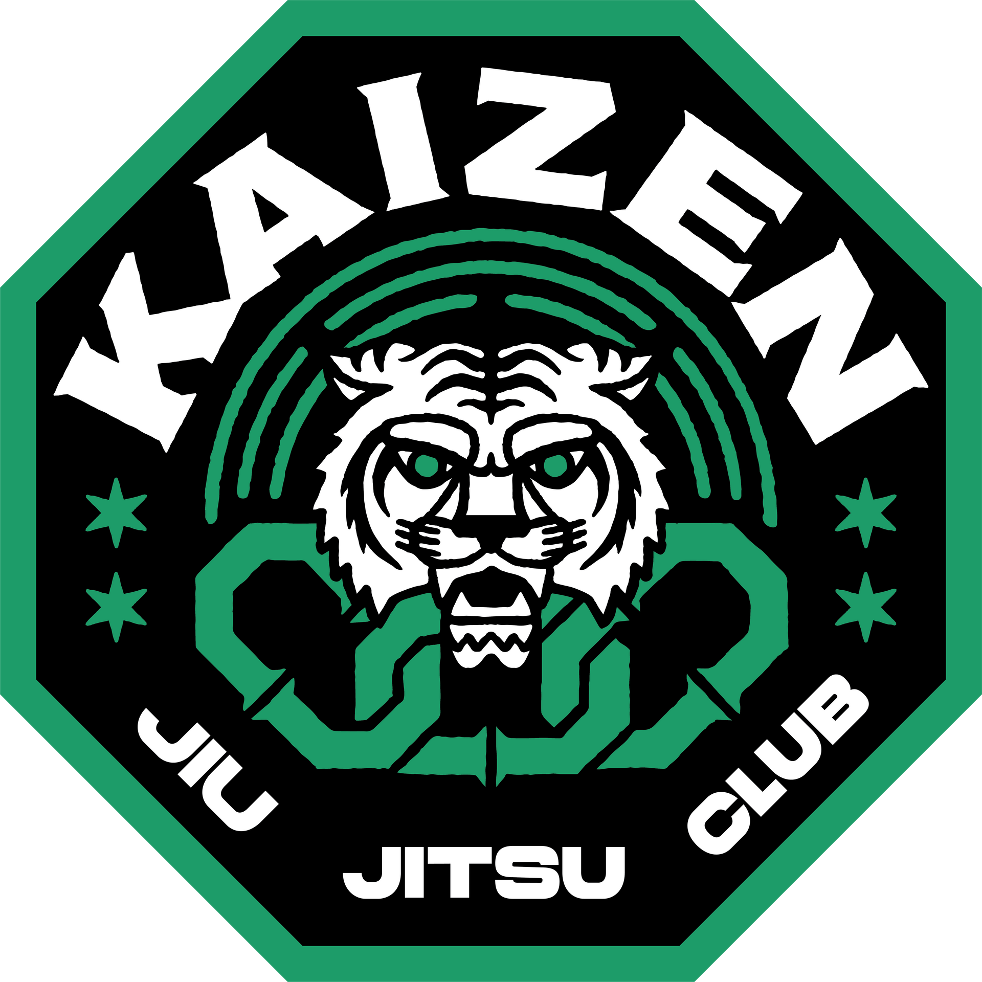 Kaizen Jiu Jitsu Club logo with tiger, green and white on a black octagon.