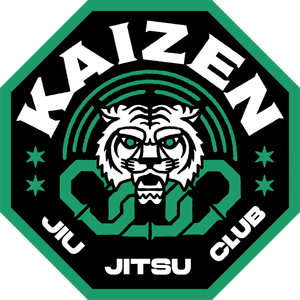 Kaizen Jiu Jitsu Club logo with tiger, green and white on a black octagon.