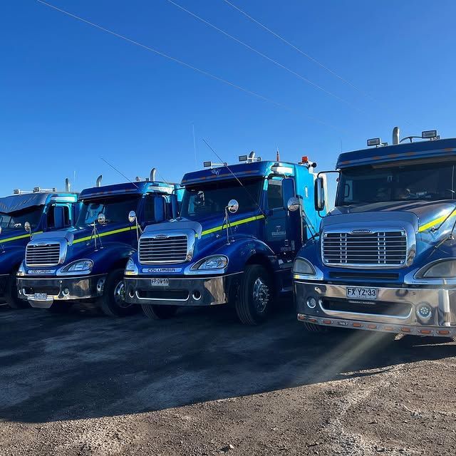 Una fila de camiones azules están estacionados uno al lado del otro.