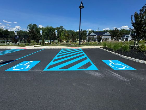 Blue and white accessible parking spaces in asphalt lot under a blue sky.