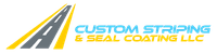 Logo for Custom Striping & Seal Coating LLC: stylized road with blue and yellow text.