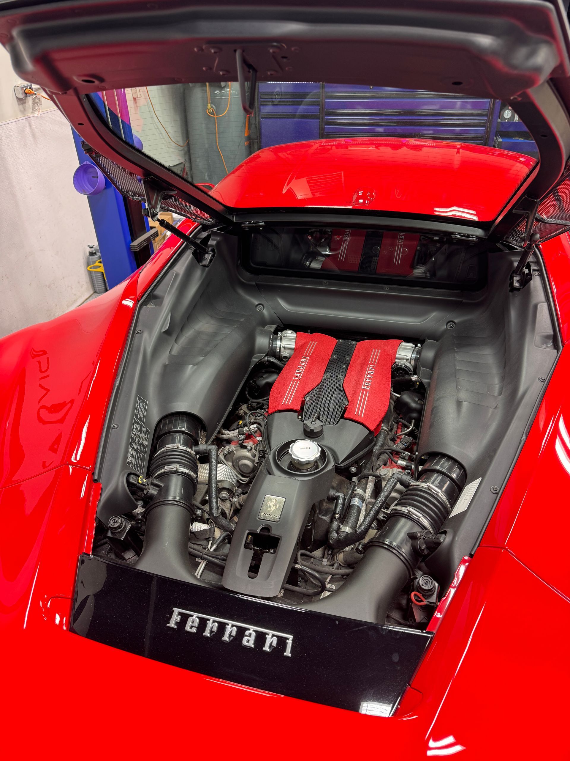 The engine bay of a red Ferrari is open for inspection and maintenance at Village Auto Service