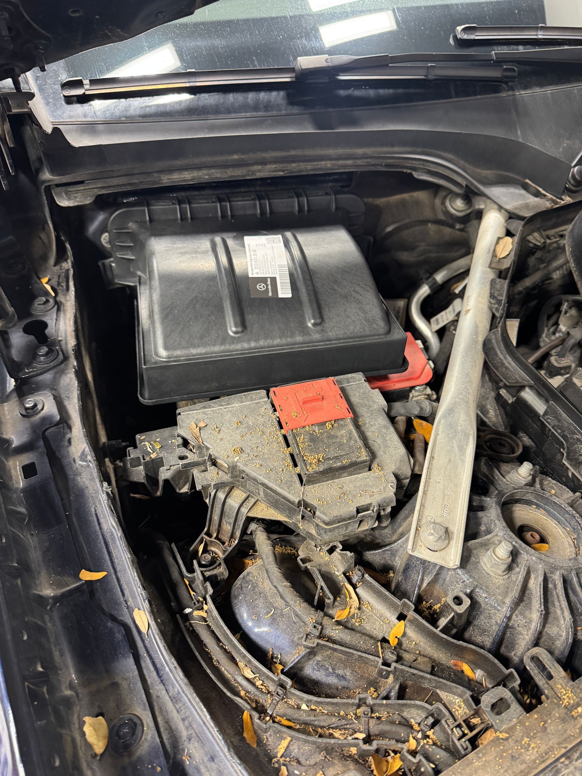 A dirty engine bay being inspected for issues at our shop