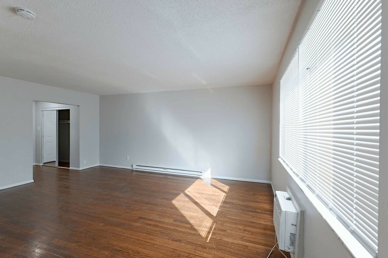 An empty living room with hardwood floors and white blinds