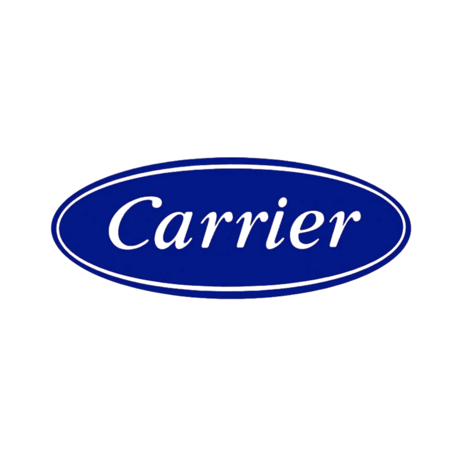 Carrier logo in white script on a blue oval background