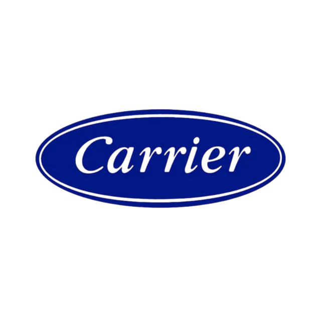 Carrier logo in white script on a blue oval background