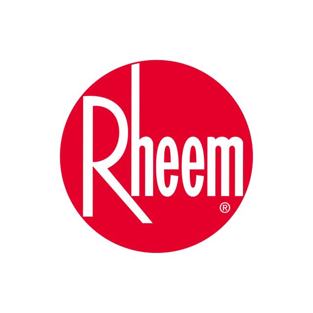 Rheem logo in white on a red circle