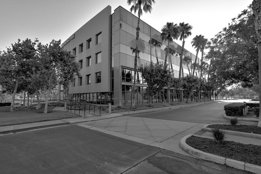 a black and white photo of a large building with palm trees in front of it .