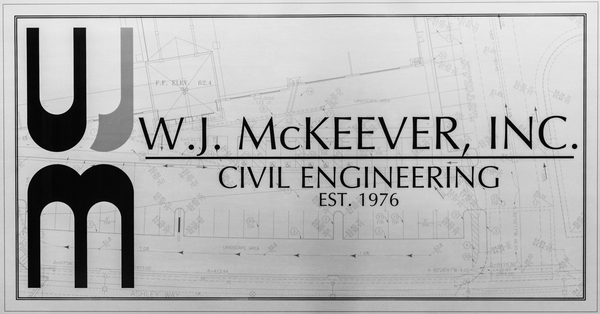 a black and white logo for W.J. Mckeever inc. civil engineering company Redlands, CA