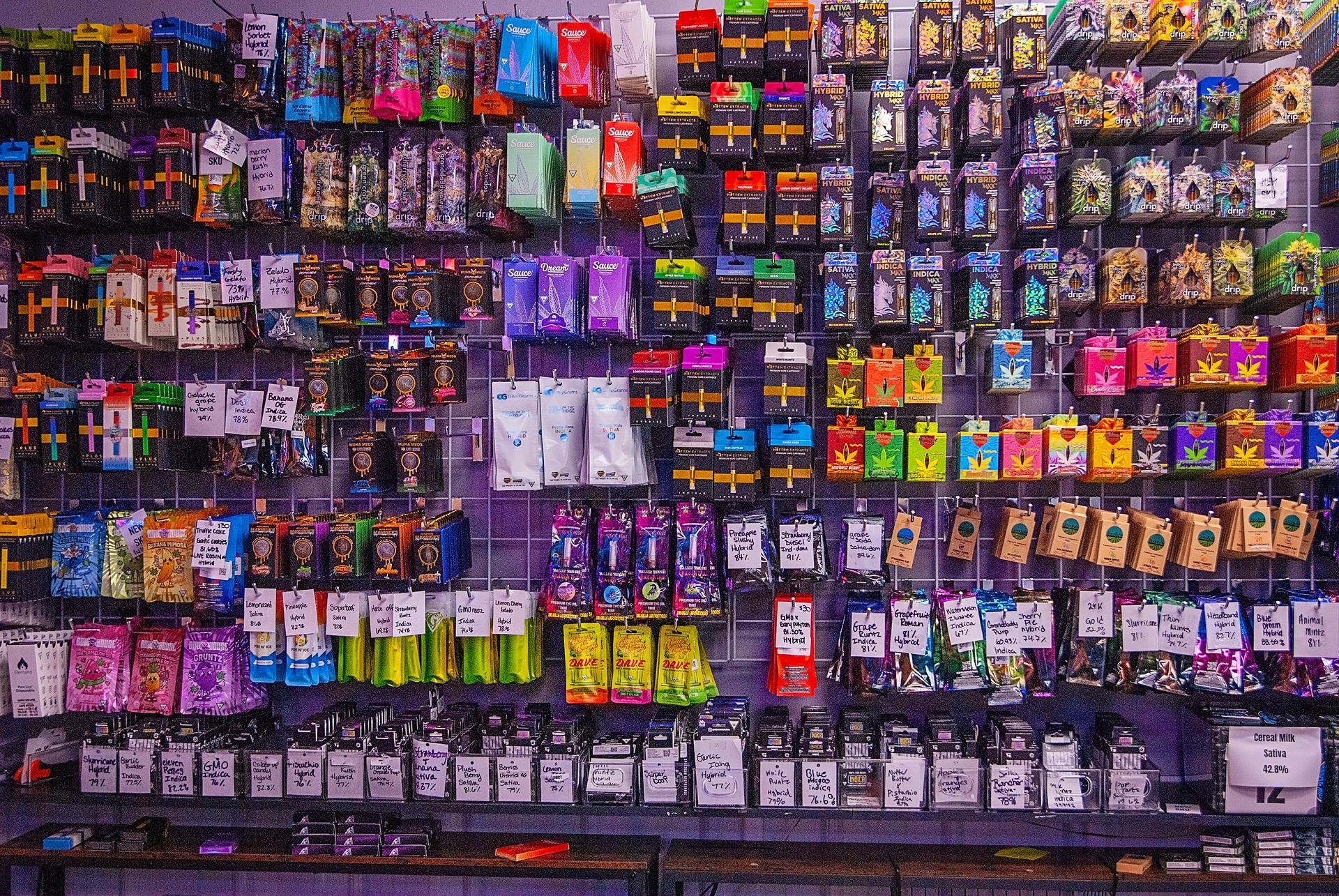 A wall filled with lots of different types of batteries.