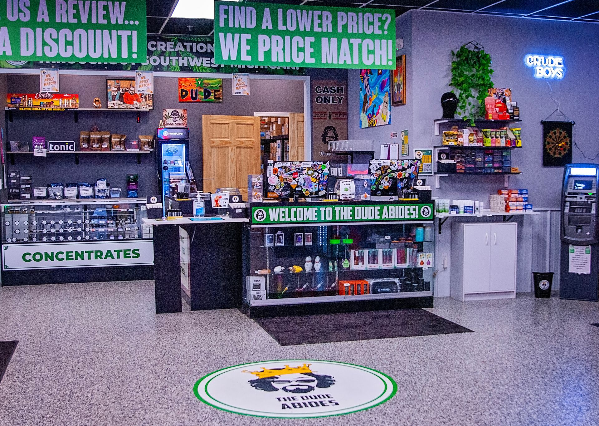 A store with a sign that says find a lower price we price match