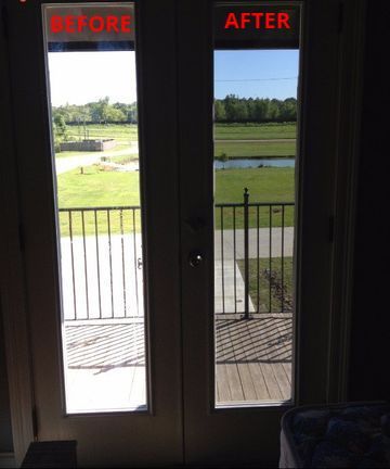 A before and after picture of a sliding glass door