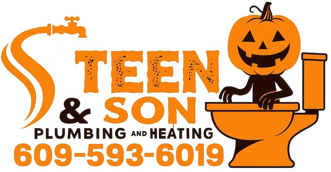 Steen & Son Plumbing & Heating Halloween logo, jack-o'-lantern on toilet, orange and white. Phone number 609-593-6019