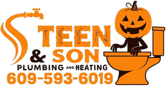 Steen & Son Plumbing & Heating Halloween logo, jack-o'-lantern on toilet, orange and white. Phone number 609-593-6019
