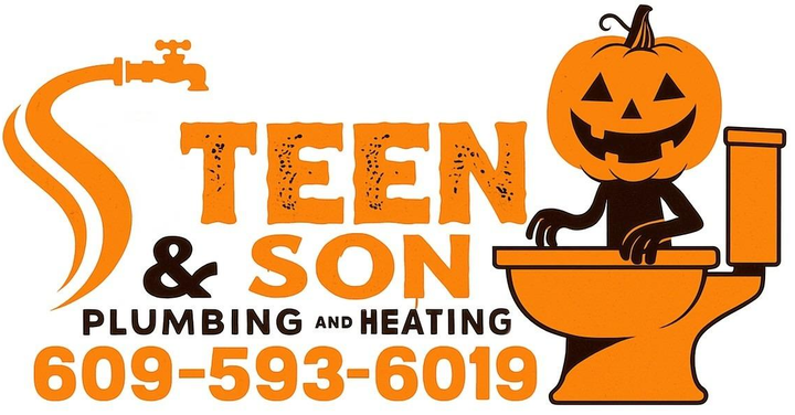 Steen & Son Plumbing & Heating Halloween logo, jack-o'-lantern on toilet, orange and white. Phone number 609-593-6019