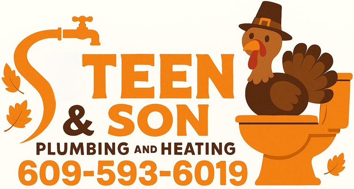 Logo for Steen & Son Plumbing and Heating featuring a turkey in a pilgrim hat on a toilet