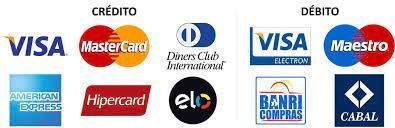 Credit and debit card logos: Visa, Mastercard, Diners Club, American Express, Hipercard, Elo, Maestro, Banri Compras, and Cabal.