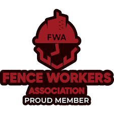 Red Fence Workers Association logo with a hard hat and "FWA" in it, text "Fence Workers Association Proud Member".