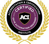 Certified Gate Automation Designer badge: purple and gold circular design with "ACI" logo.