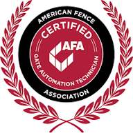 American Fence Association Certified Gate Automation Technician badge. Red, black, and white design with laurel wreath.