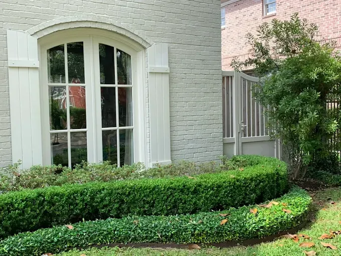 White arched window and shutters on a pale green brick building, with a manicured green hedge in front.