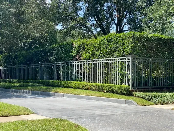 Metal fence bordering a manicured lawn and shrubbery with a backdrop of trees.