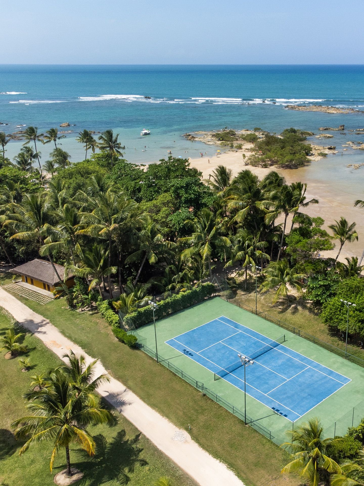 Quadra de tênis à beira-mar, palmeiras, quadra azul, grama verde, água azul-clara, dia ensolarado.