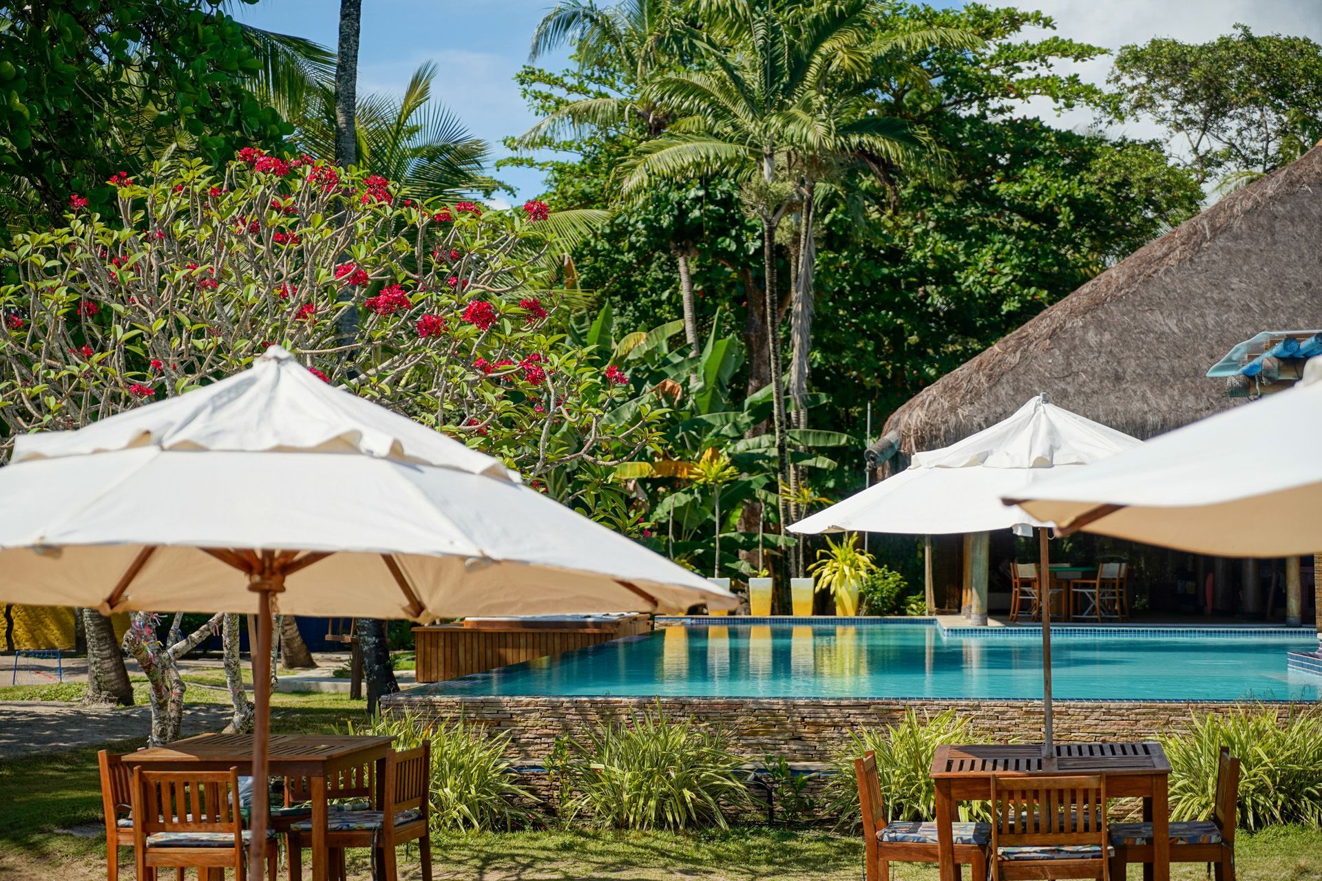 Cena à beira da piscina com guarda-sóis, mesas e folhagem tropical.