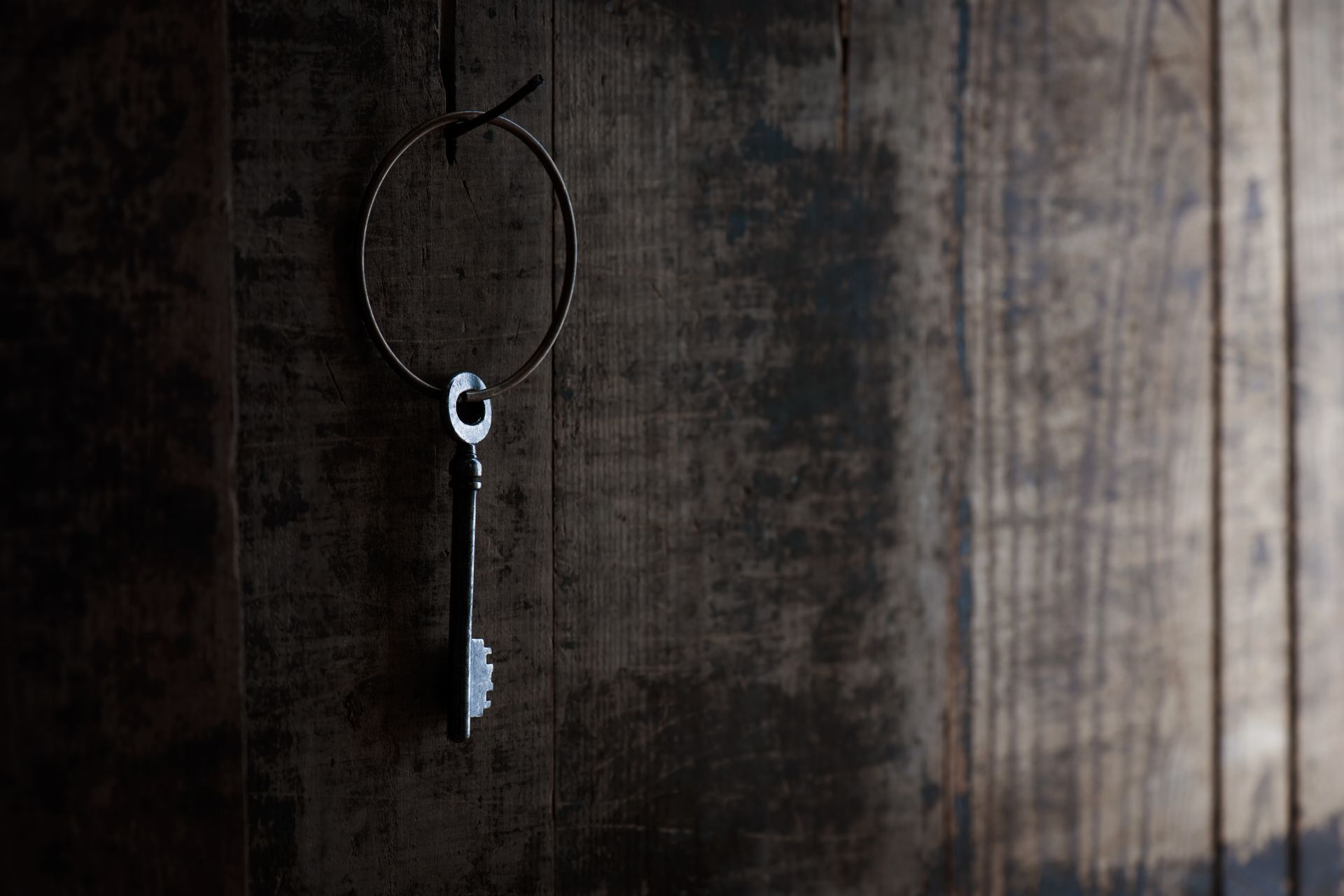 a key is hanging from a ring on a wooden door .