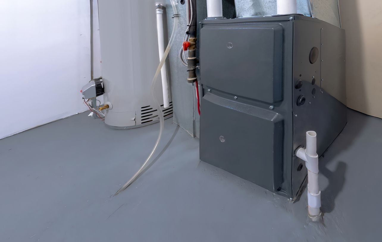 A gray furnace unit stands beside a water heater on a painted concrete basement floor.