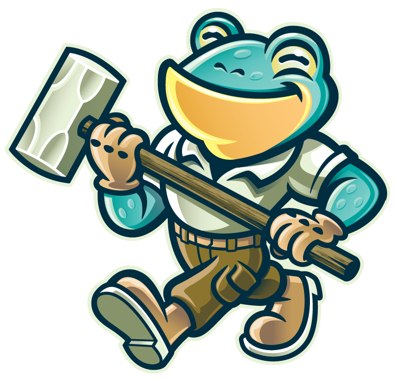 A cartoon frog wearing a collared shirt and pants, smiling while walking and carrying a large mallet.