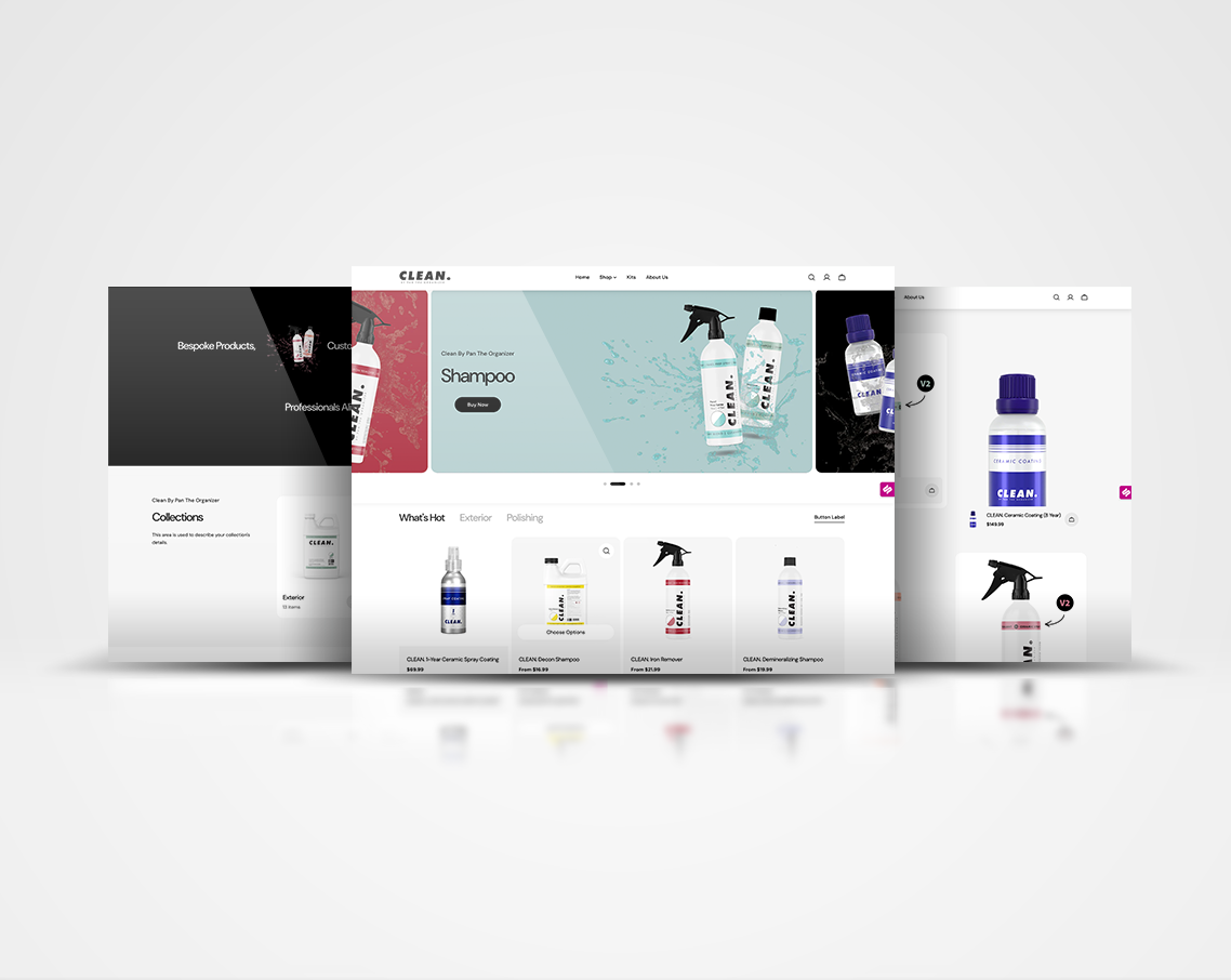 Clean By Pan website displayed with multiple pages of the site shown with a grey background, built by Watson Creative. 