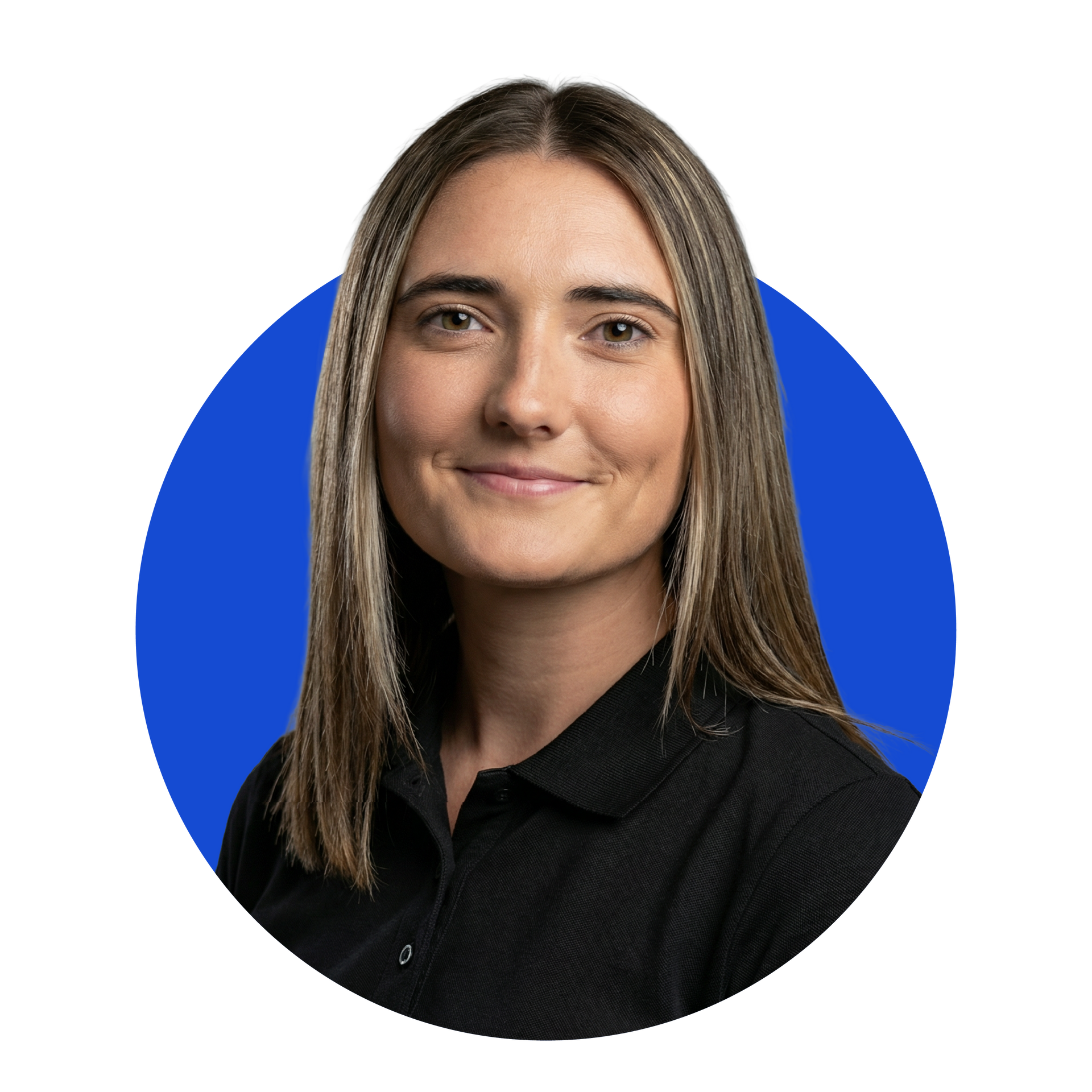 A person with long brown hair wearing a black polo shirt, centered against a circular blue background.