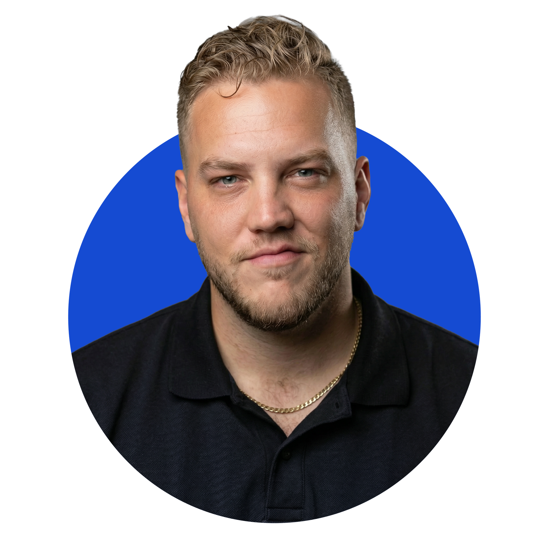 riley stauffer with a short, light-brown hairstyle and a gold chain, wearing a black collared shirt against a blue circle.