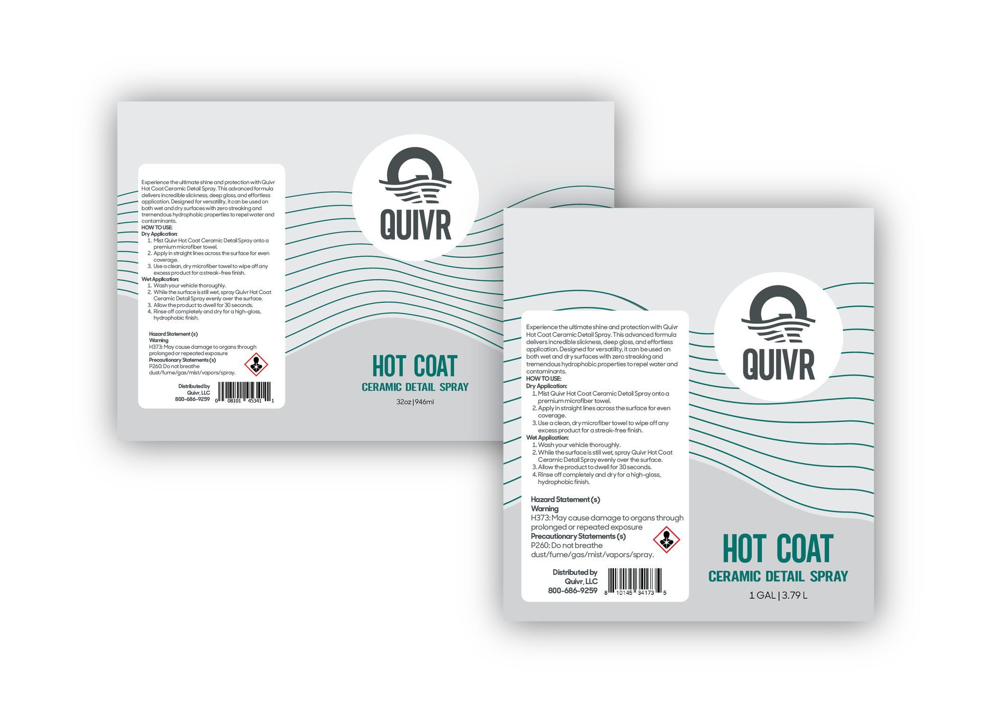 Two Quivr Hot Coat ceramic car coating bottles with labels featuring a logo, instructions, and hazard symbol on gray paper.