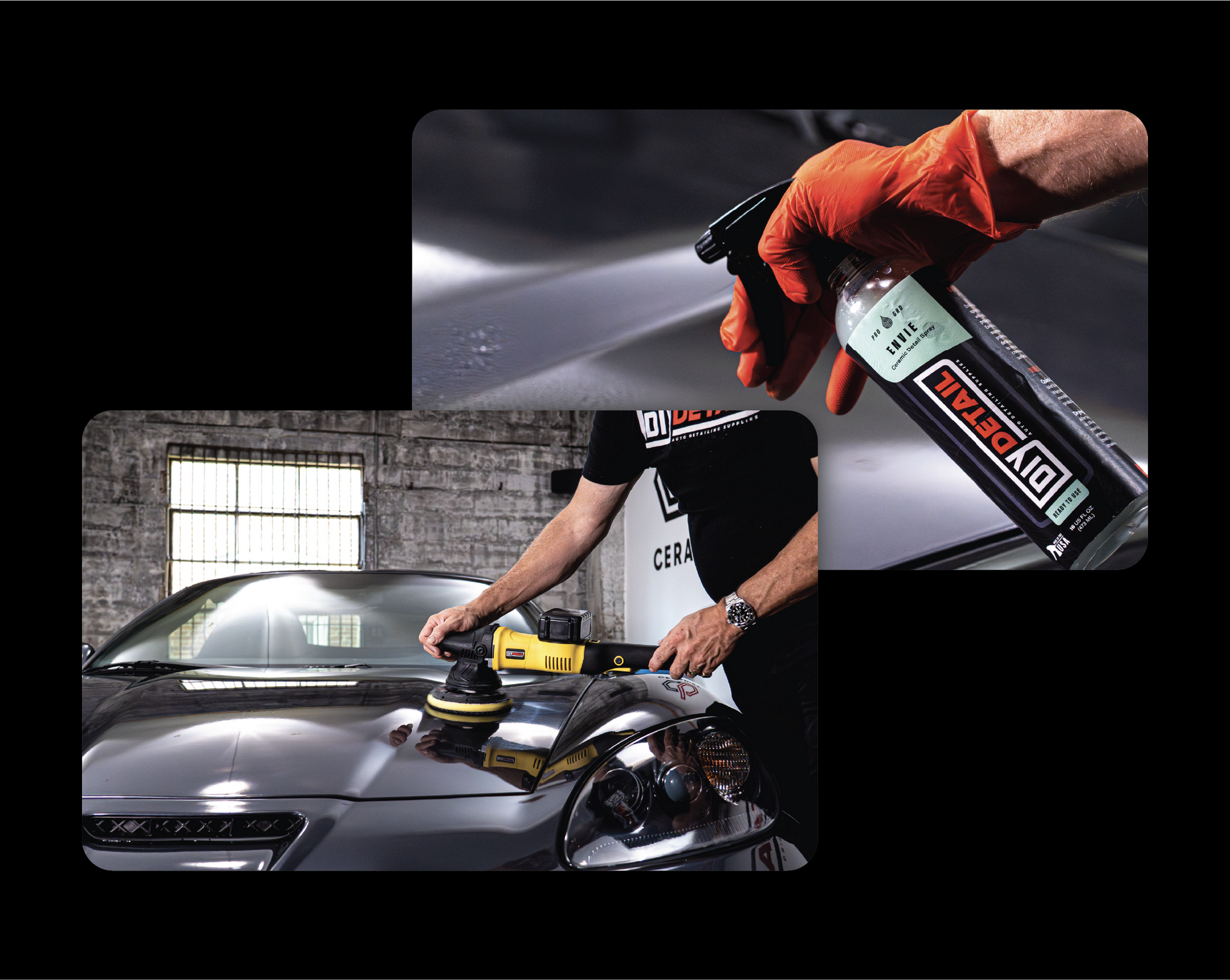 A person sprays a DIY Detail cleaner onto a car hood, and uses a yellow dual-action polisher to buff the surface.