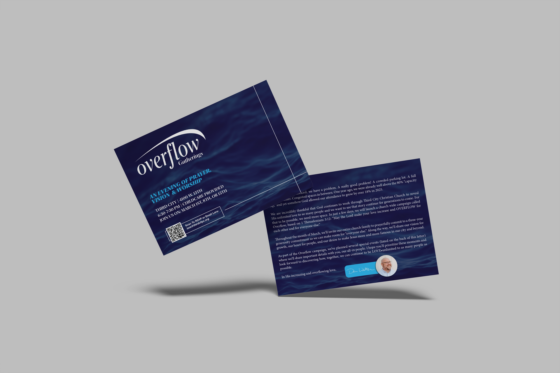 Two Overflow  cards on a grey background: one with the logo and contact info, one with text and a QR code.