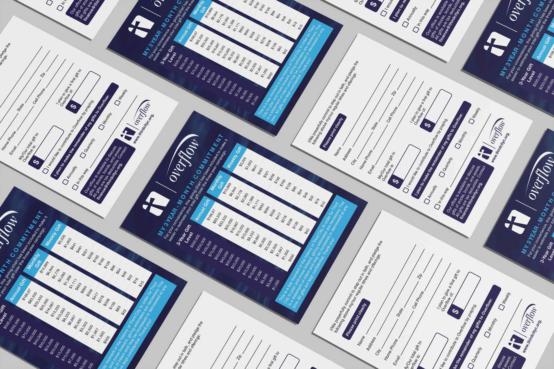 Multiple identical overflow business information cards arranged in a diagonal pattern on a light grey background.