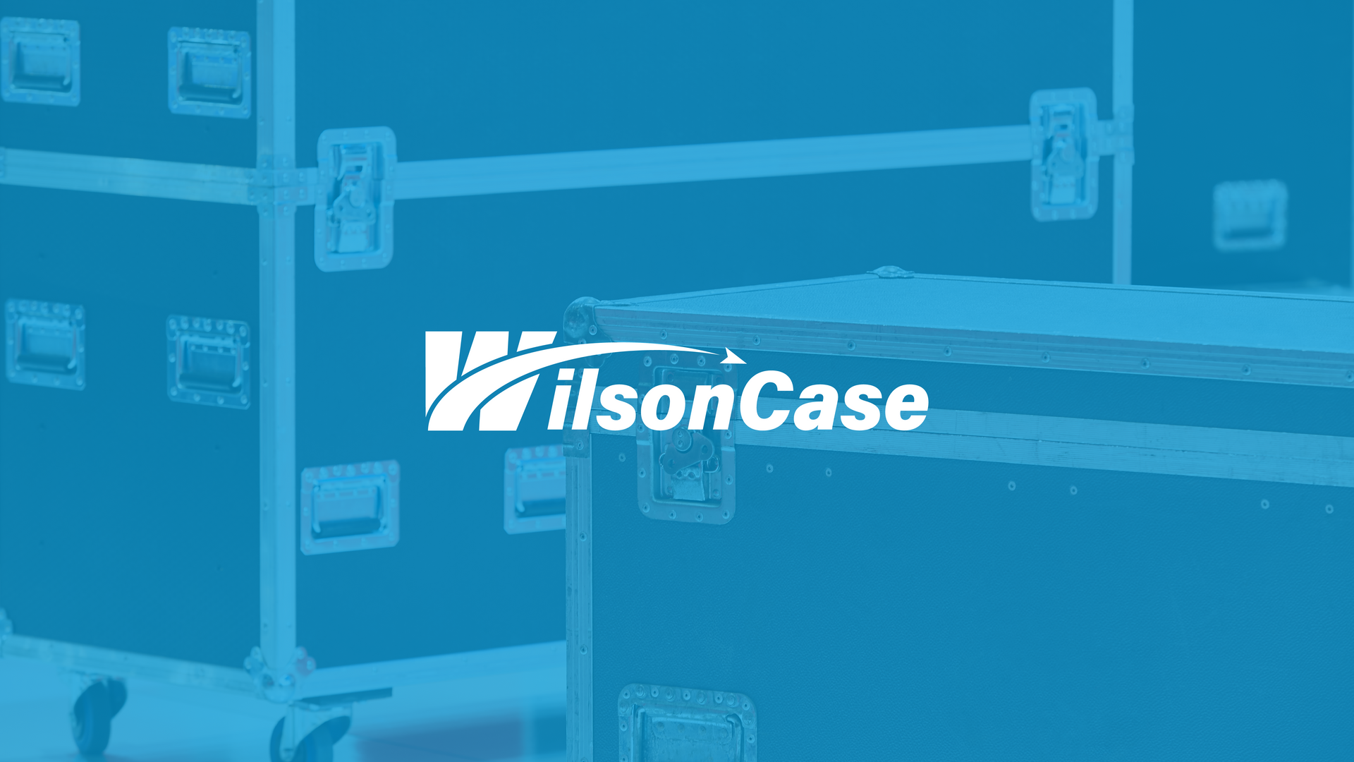 The WilsonCase logo is centered over a blue-tinted background featuring multiple dark-colored storage transport cases.